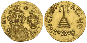 Constans II (641-668), solidus, Constantinople, facing busts of Constans II and Constantine IV, between their heads cross, rev., cross potent on three...