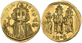 Constans II (641-668), solidus, Constantinople, facing bust holding globus cruciger, officina B, rev., standing figures of Constantine IV between Hera...