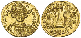 Constantine IV, Pogonatus (668-685), solidus, Constantinople, helmeted bust facing three-quarters right, holding spear and shield, rev., long cross po...