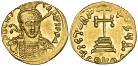 Constantine IV, Pogonatus (668-685), solidus, Constantinople, helmeted bust facing three-quarters right, holding spear and shield, rev., cross potent ...