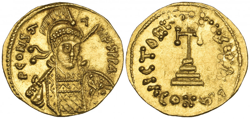 Constantine IV, Pogonatus (668-685), solidus, Constantinople, helmeted bust faci...