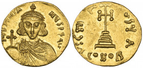 Justinian II, First Reign (685-695), solidus, Constantinople, facing bust holding globus cruciger, rev., cross potent on three steps; officina A; in e...