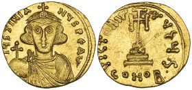 Justinian II, First Reign (685-695), solidus, Constantinople, facing bust holding globus cruciger, rev., cross potent on three steps; officina S; in e...