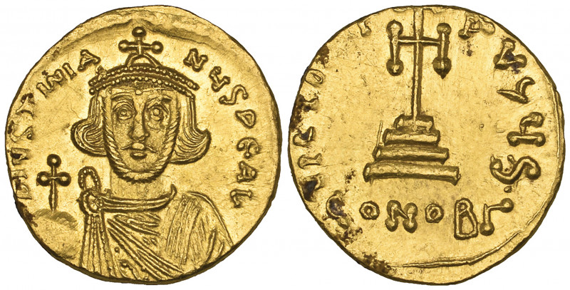 Justinian II, First Reign (685-695), solidus, Constantinople, facing bust holdin...