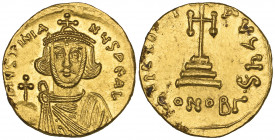 Justinian II, First Reign (685-695), solidus, Constantinople, facing bust holding globus cruciger, rev., cross potent on three steps; officina S; in e...