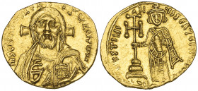 Justinian II, First Reign (685-695), solidus, Constantinople, facing bust of Christ with cross behind head, rev., standing figure of Justinian holding...