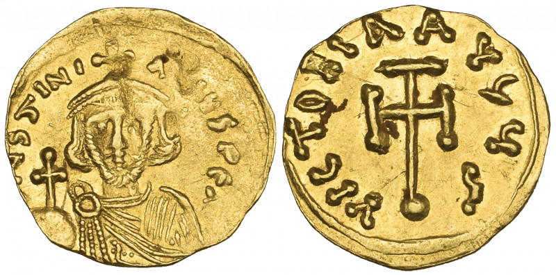 Justinian II, First Reign (685-695), semissis, Constantinople, facing bust holdi...