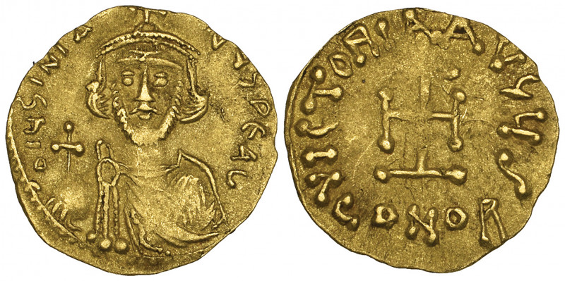 Justinian II, First Reign (685-695), tremissis, Constantinople, facing bust hold...