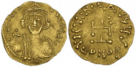 Justinian II, First Reign (685-695), tremissis, Constantinople, facing bust holding globus cruciger, rev., cross potent; 1.27g (DO 13; S. 1255; MIB 15...