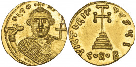 Leontius (695-698), solidus, Constantinople, facing bust holding akakia and globus cruciger, rev., cross potent on three steps; officina I; in ex., CO...