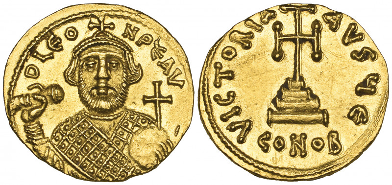 Leontius (695-698), solidus, Constantinople, facing bust holding akakia and glob...
