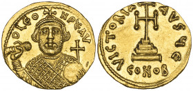 Leontius (695-698), solidus, Constantinople, facing bust holding akakia and globus cruciger, rev., cross potent on three steps; officina E; in ex., CO...