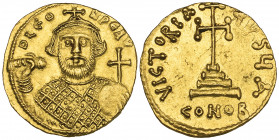 Leontius (695-698), solidus, Constantinople, facing bust holding akakia and globus cruciger, rev., cross potent on three steps; officina A; in ex., CO...