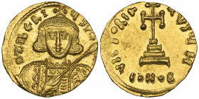 Tiberius III (698-705), solidus, Constantinople, bust facing holding spear and shield, rev., cross potent on three steps; officina H; in ex., CONOB, 4...