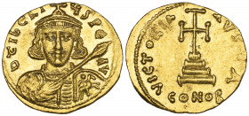Tiberius III (698-705), solidus, Constantinople, bust facing holding spear and shield, rev., cross potent on three steps; officina A; in ex., CONOB, 4...