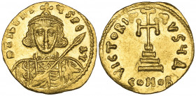Tiberius III (698-705), solidus, Constantinople, bust facing holding spear and shield, rev., cross potent on three steps; officina Δ; in ex., CONOB, 4...