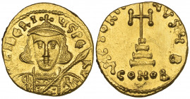 Tiberius III (698-705), solidus, Constantinople, bust facing holding spear and shield, rev., cross potent on three steps; officina B; in ex., CONOB, 4...