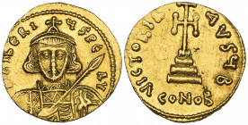 Tiberius III (698-705), solidus, Constantinople, bust facing holding spear and shield, rev., cross potent on three steps; officina B; in ex., CONOB, 4...