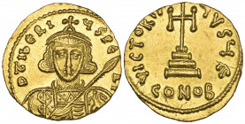 Tiberius III (698-705), solidus, Constantinople, bust facing holding spear and shield, rev., cross potent on three steps; officina E; in ex., CONOB, 4...