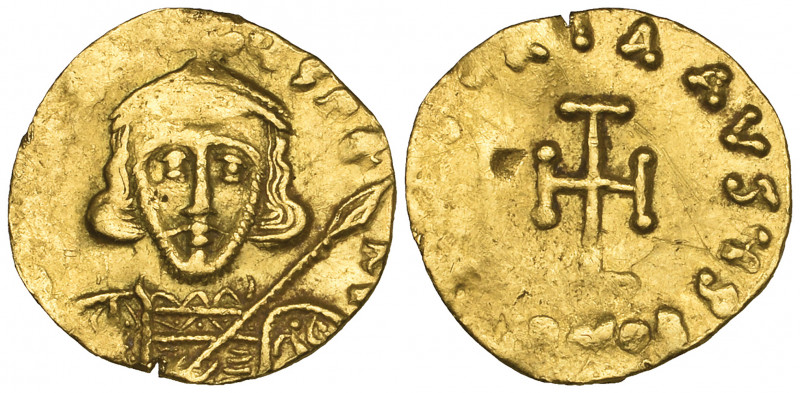 Tiberius III (698-705), tremissis, Constantinople, bust facing holding spear and...