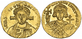 Justinian II, Second Reign (705-711), solidus, Constantinople, facing bust of Christ with cross behind head, rev., bust of Justinian facing holding cr...