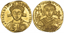 Justinian II, Second Reign (705-711), solidus, Constantinople, facing bust of Christ with cross behind head, rev., bust of Justinian facing holding cr...