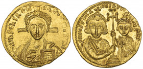 Justinian II, Second Reign (705-711), solidus, Constantinople, facing bust of Christ with cross behind head, rev., Justinian II and Tiberius holding b...