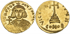 Theodosius III of Adramytium (715-717), solidus, Constantinople, bust facing holding globus cruciger and akakia, rev., cross potent on three steps; of...