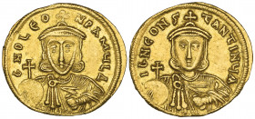 Leo III the Isaurian (717-741), solidus, Constantinople, bust facing holding globus cruciger and akakia; officina Δ, rev., facing bust of Constantine ...