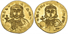 Leo III the Isaurian (717-741), solidus, Constantinople, bust facing holding globus cruciger and akakia; rev., facing bust of Constantine V holding gl...