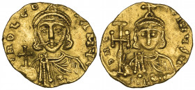 Leo III the Isaurian (717-741), tremissis, Constantinople, bust facing holding globus cruciger and akakia, rev., facing bust of Constantine V holding ...