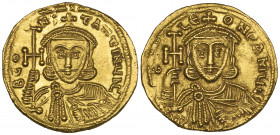 Constantine V, Copronymus (741-775), solidus, Constantinople, bust facing holding cross potent and akakia, rev., facing bust of Leo III holding cross ...