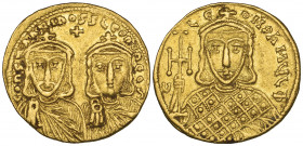 Constantine V, Copronymus (741-775), solidus, Constantinople, facing busts of Constantine V and Leo IV, above cross, rev., facing bust of Leo III hold...