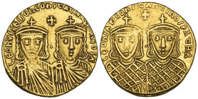 Leo IV the Khanzar (775-780), solidus, Constantinople, facing busts of Leo IV and Constantine VI wearing chlamys, pellet between their heads, above cr...