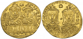Leo IV the Khanzar (775-780), solidus, Constantinople, seated figure of Leo IV and Constantine VI wearing chlamys, above cross, rev., facing busts of ...