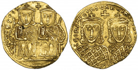 Leo IV the Khanzar (775-780), solidus, Constantinople, seated figure of Leo IV and Constantine VI wearing chlamys, above cross, rev., facing busts of ...