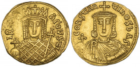 Constantine VI and Irene (780-797), solidus, Constantinople, facing bust of Irene holding globus cruciger and cruciform sceptre, rev., facing bust of ...