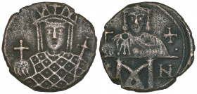 Constantine VI and Irene (780-797), follis, Constantinople, facing bust of Irene holding globus cruciger and cruciform sceptre, rev., facing bust of C...
