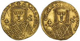 Irene (797-802), solidus, Constantinople, facing bust of Irene holding globus cruciger and cruciform sceptre, rev., facing bust of Irene holding globu...