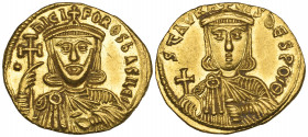 Nicephorus I (802-811), solidus, Constantinople, facing bust holding potent cross and akakia; in left field, pellet, rev., facing bust of Stauracius h...