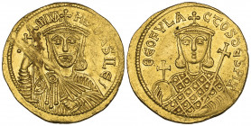 Michael I, Rhangabe (802-811), solidus, Constantinople, facing bust holding potent cross and akakia; in left field, pellet, rev., facing bust of Theop...