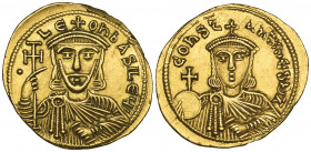 Leo V, the Armenian (813-820), solidus, Constantinople, facing bust holding potent cross and akakia; in left field, pellet, rev., facing bust of Const...