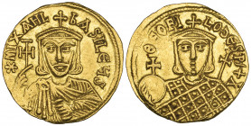 Michael II the Amorian (820-829), solidus, Constantinople, facing bust holding potent cross and akakia; in left field, star, rev., facing bust of Theo...