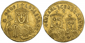 Theophilus (829-842), solidus, Constantinople, facing bust holding patriarchal cross and akakia; in left field, star, rev., facing busts of Michael II...