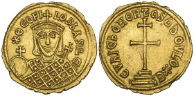 Theophilus (829-842), solidus, Constantinople, facing bust holding globus cruciger and cruciform sceptre, rev., patriarchal cross on three steps; 4.41...