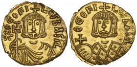 Theophilus (829-842), solidus, Syracuse, bust facing holding cross potent, rev., bust facing holding globus cruciger; 3.74g (DO 18; S. 1671), reverse ...