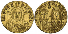 Michael III the Drunkard (842-867), solidus, Constantinople, facing bust of Christ with cross behind head, rev., facing busts of Michael III and Theod...