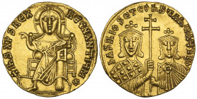 Basil I the Macedonian (867-886), solidus, Constantinople, Christ enthroned facing, rev., facing busts of Basil and Constantine holding between them p...