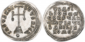 Basil I the Macedonian (867-886), miliaresion, Constantinople, cross potent on three steps, beneath globe; triple border, rev., inscription in six lin...