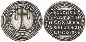 Leo VI the Wise (886-912), miliaresion, Constantinople, cross potent on three steps, beneath globe; triple border, rev., inscription in five lines, +L...